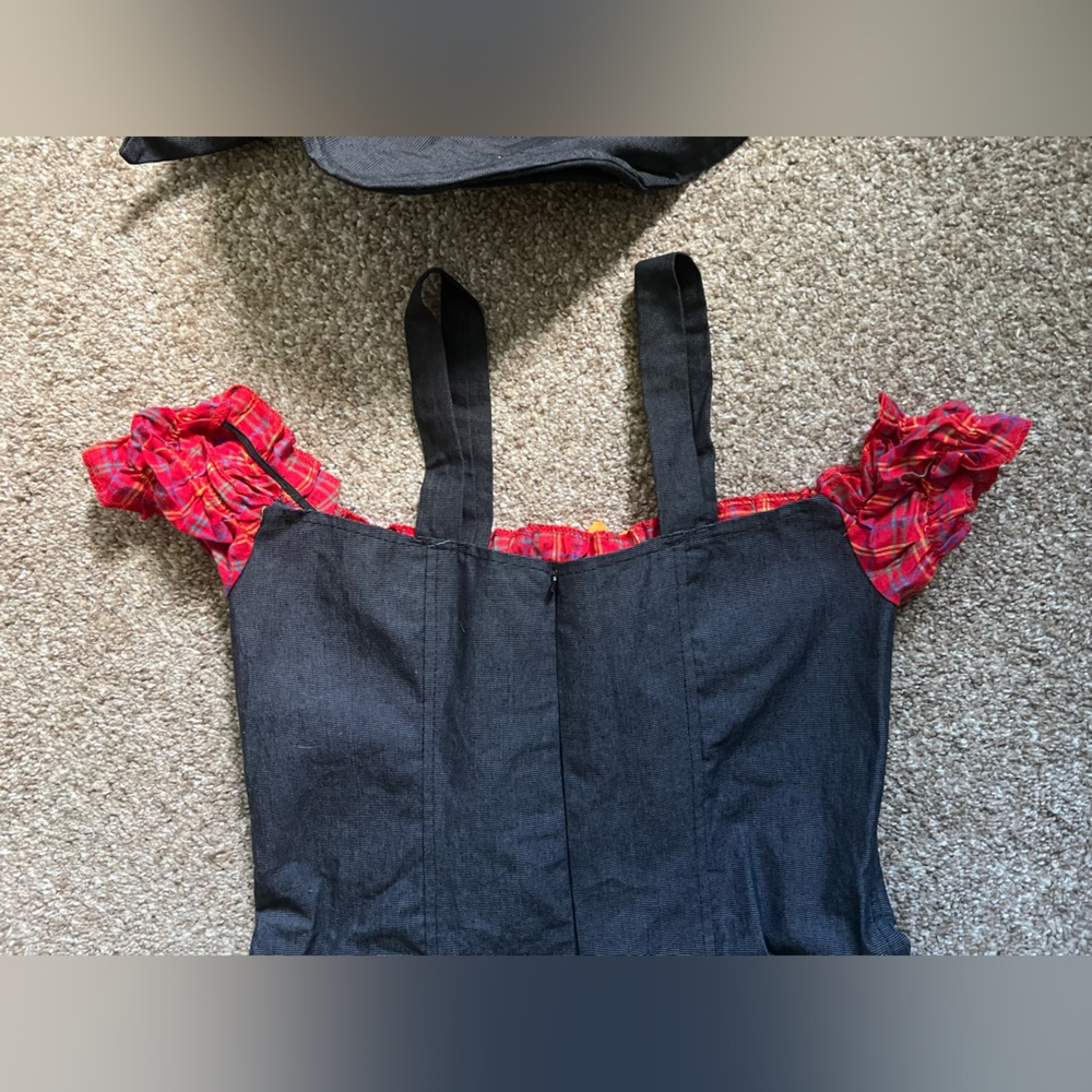 Spirit Halloween Scarecrow Sweetie Costume Set Hat & Dress Sexy Plaid & Denim - Picture 9 of 16